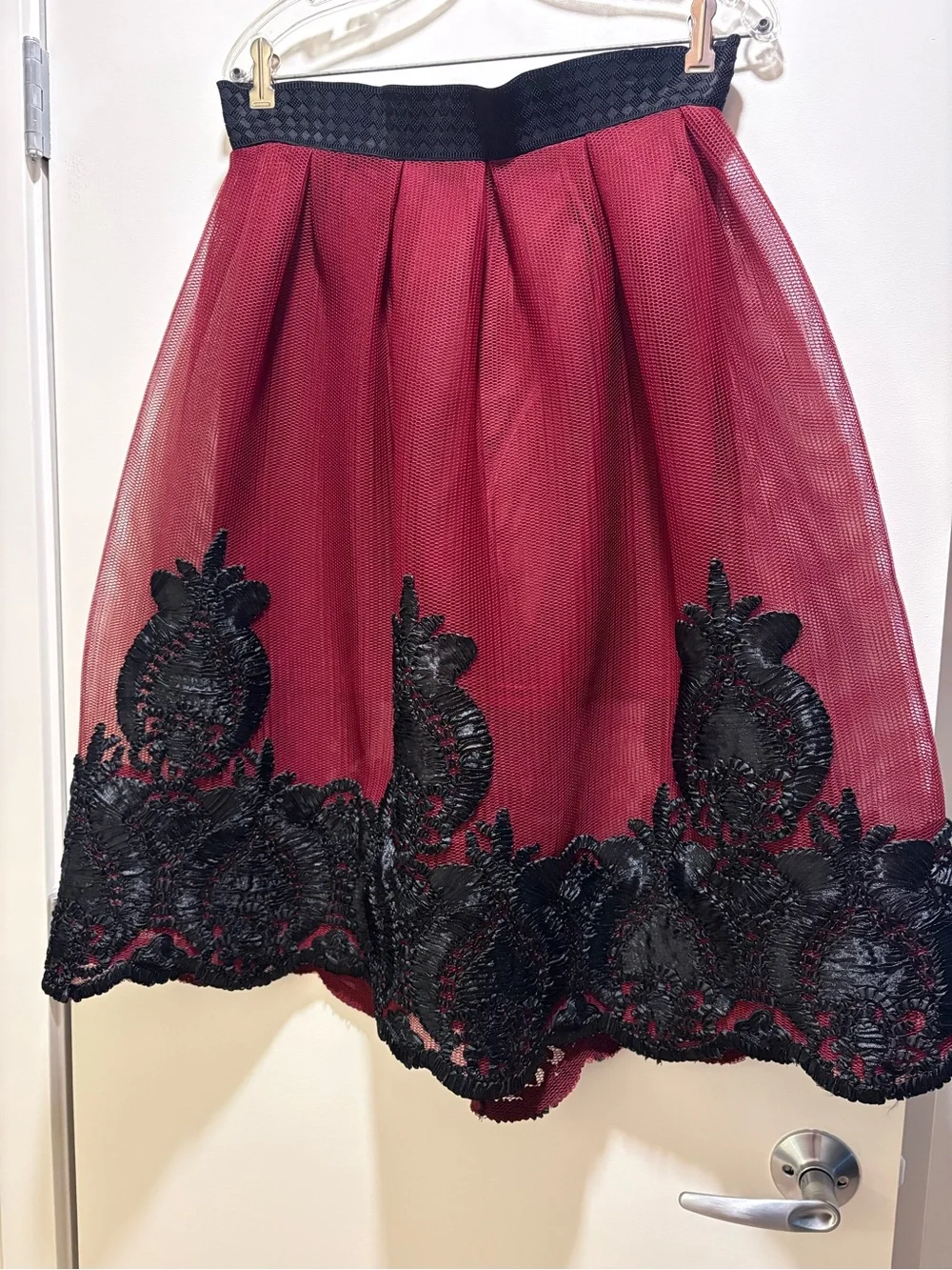 Mango USA Women's Burgundy Tulle Skirt with Black Lace Trim